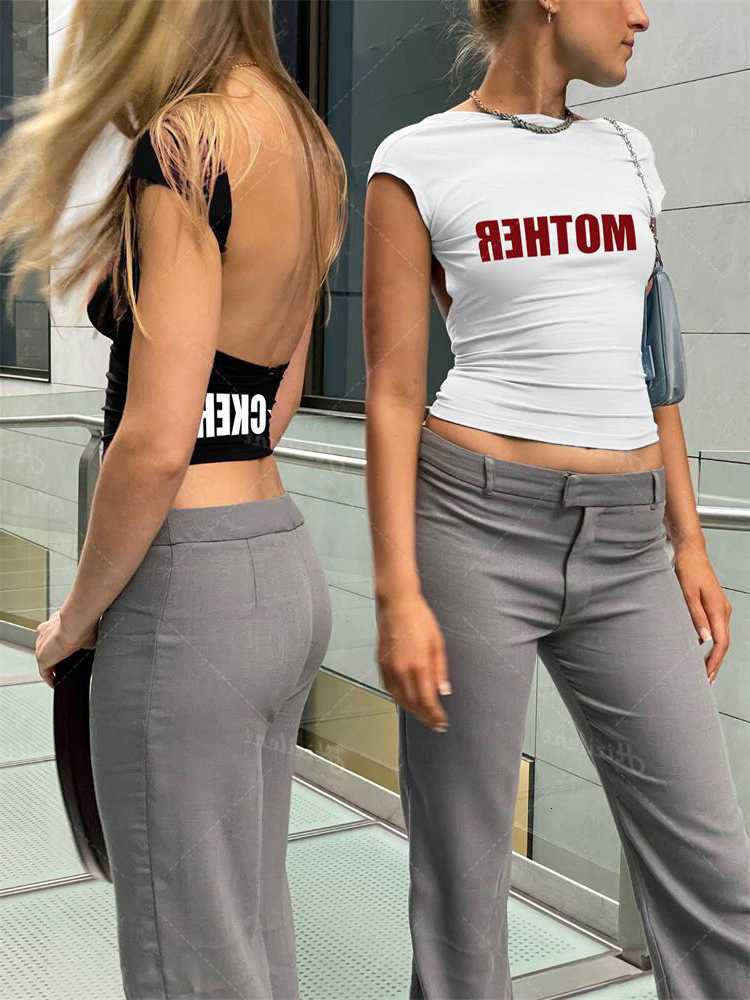 Women's T-Shirt Backless Short Sleeve White Y2K clothes Crop Top Women aesthetic Summer T Shirts Sexy letter Goth Fairy grunge Cut Out emo 230404