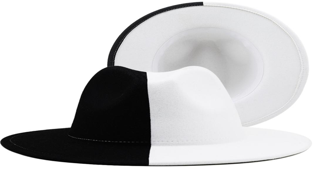 Black White Patchwork Wool Felt Jazz Fedora Hat Women Unisex Wide Brim Panama Party Trilby Cowboy Cap Men Gentleman Wedding Hat 22