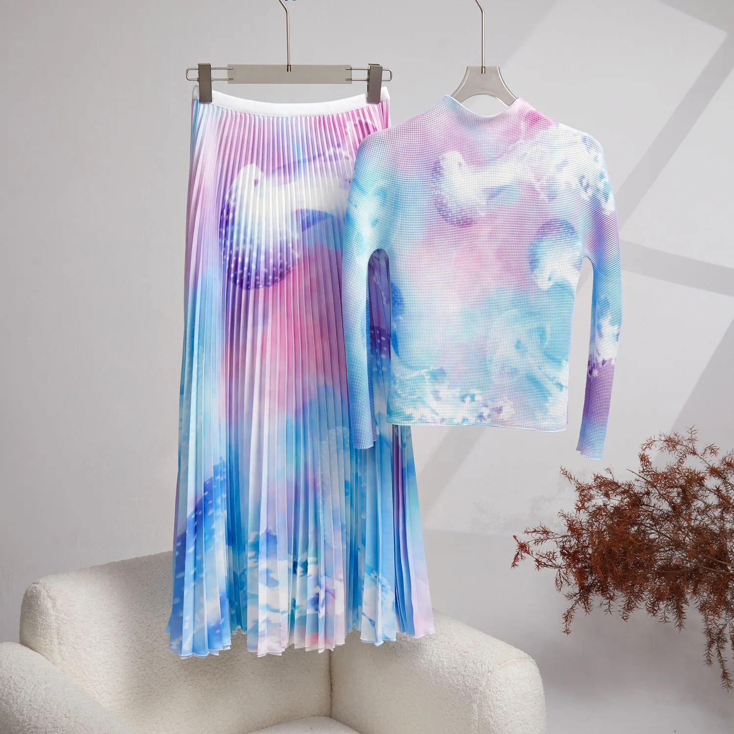 Two Piece Dress Runway Skirt Sets Women High Neck Long Sleeve Flower Print Stretch Pullover Tops Long Pleated Skirt Suit 2 Piece Female Outfits 2024