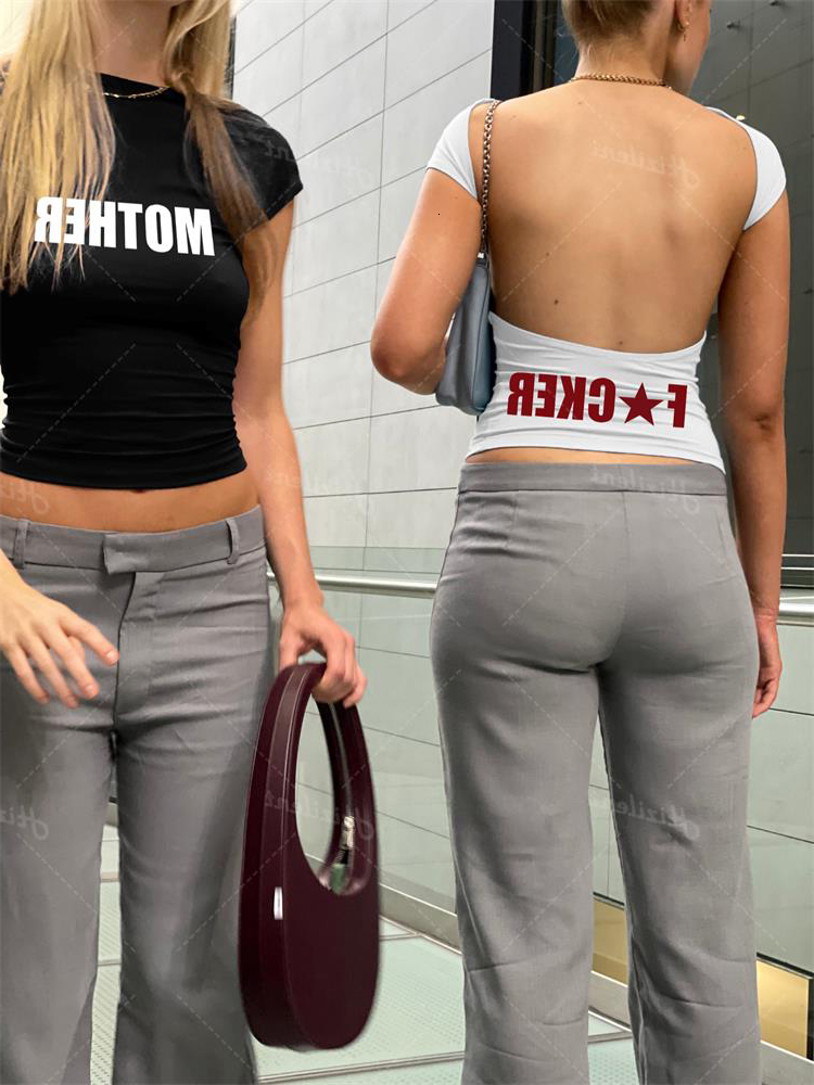 Women's T-Shirt Backless Short Sleeve White Y2K clothes Crop Top Women aesthetic Summer T Shirts Sexy letter Goth Fairy grunge Cut Out emo 230404