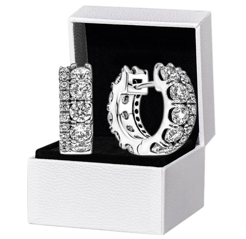 Women Mens Double Band Pave Hoop Earrings Original gift Box for Authentic 925 Sterling Silver Party Circle Stud Earring