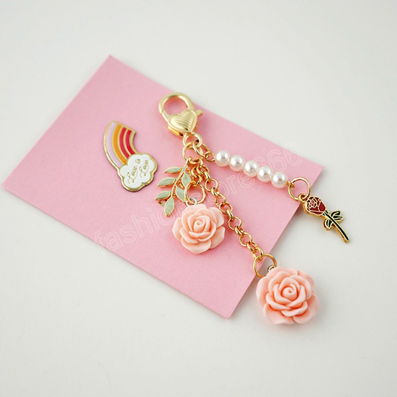 Sweet 3D Rose Flower Keychain Multicolor Flower Keyring With Pearl Tassel Metal Leaf Women Earphone Case Handbag Accessories