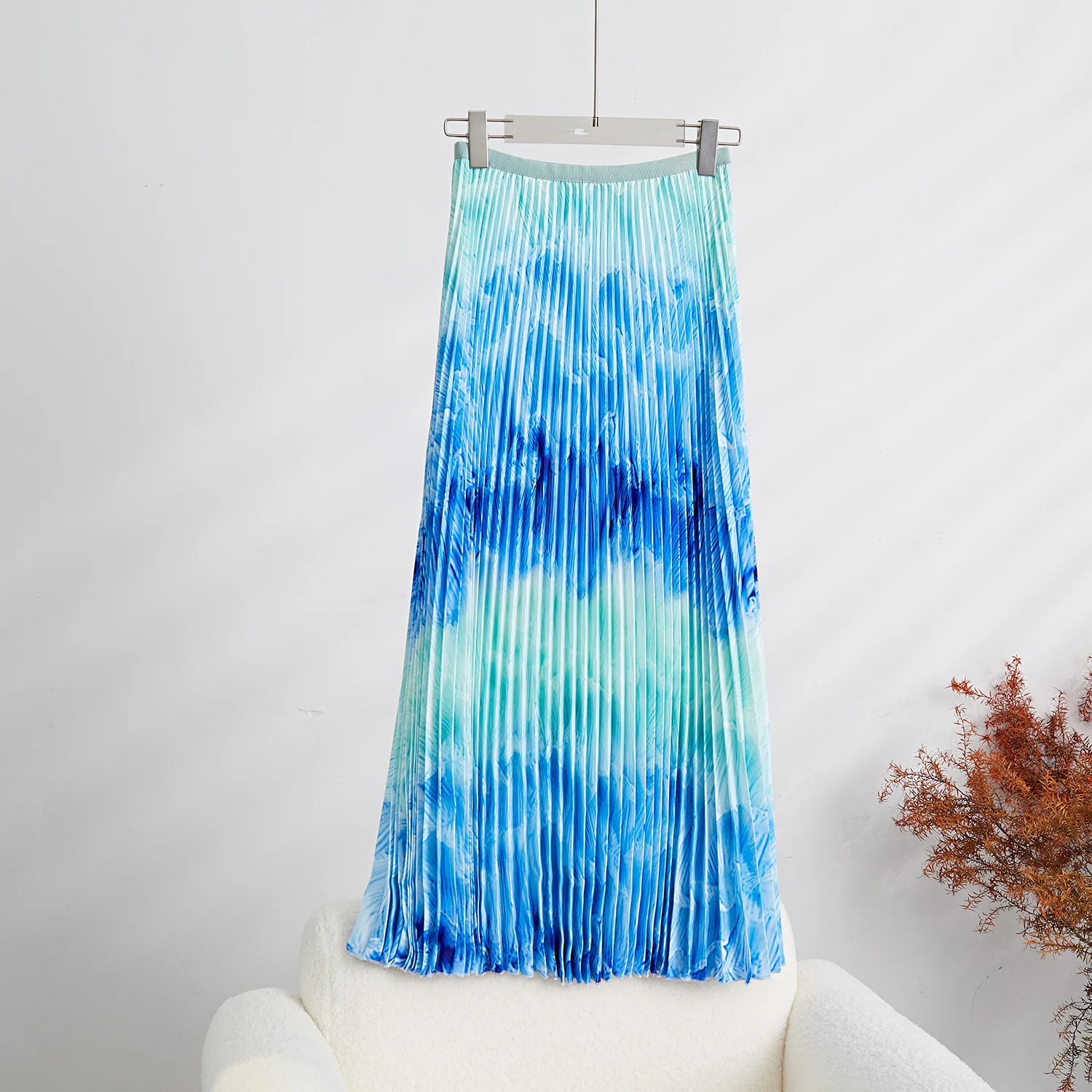 Two Piece Dress Runway 2 Piece Sets Women Outfits Spring Autumn Miyake Pleated Long Sleeve Blue Printed Tops With Elastic Long Skirt Suits 2024