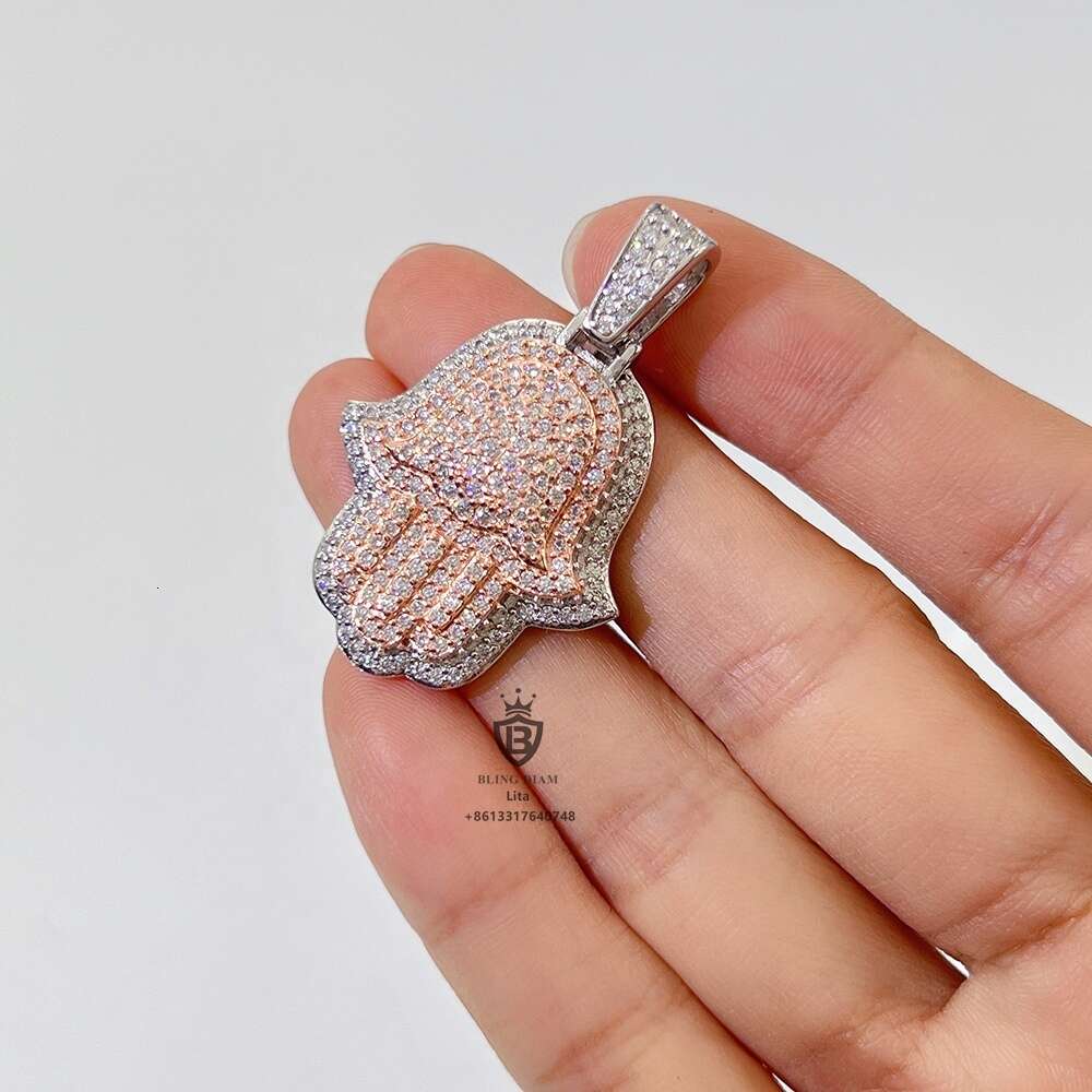 Fashion sticking out white and rose gold vvs d moissanite dia hamsa custom hiphop jewelry pendant