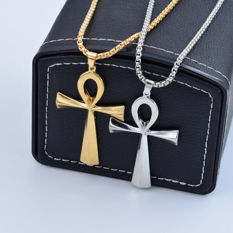 Egyptian Ankh Crucifix Necklaces Pendants with Chain Metal Symbol of Life Cross Necklace Gold Silver Fashion Design Punk Hip Hop Religion Jewelry Gift