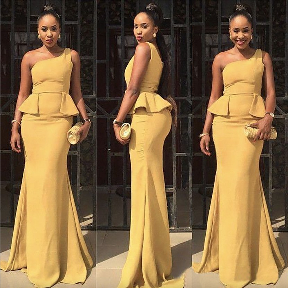 African Style 2023 Yellow Chiffon Mermaid Bridesmaid Dresses Sexy One Shoulder Peplum Long Formal Maid of Honor Dresses Formal Gowns