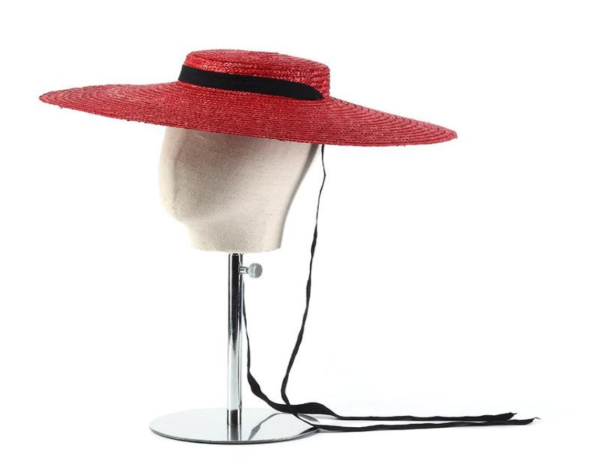 Wide Brim Hats 15cm Straw Hat Flat Top Summer Beach For Women Ribbon Boater Sun Gray Black Red Pink Blue With Chin Strap