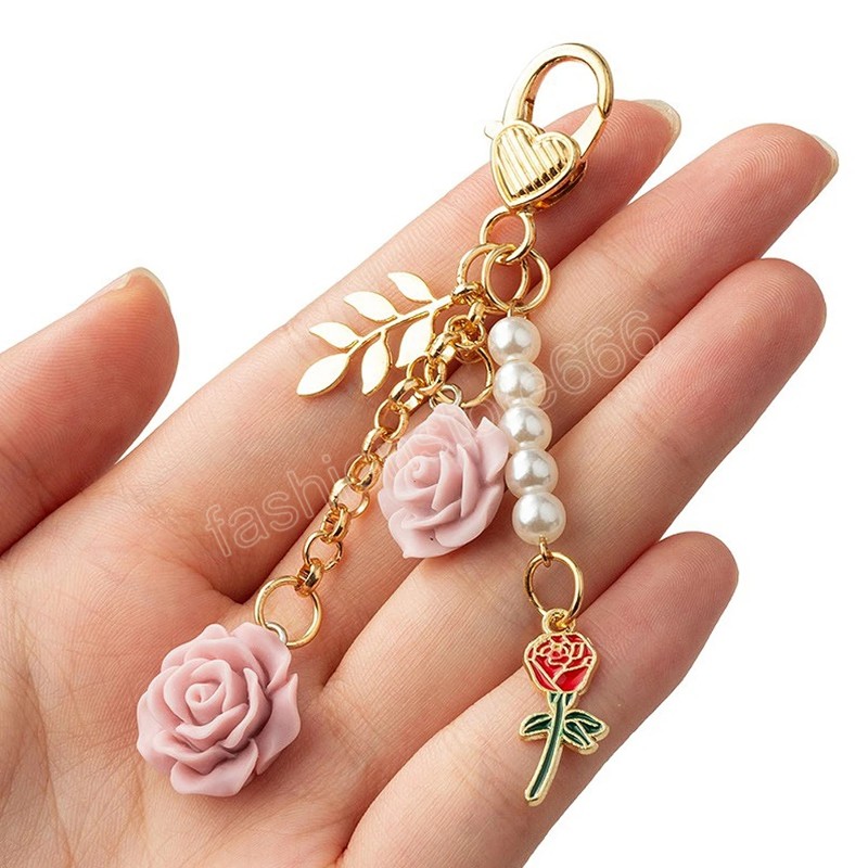 Sweet 3D Rose Flower Keychain Multicolor Flower Keyring With Pearl Tassel Metal Leaf Women Earphone Case Handbag Accessories