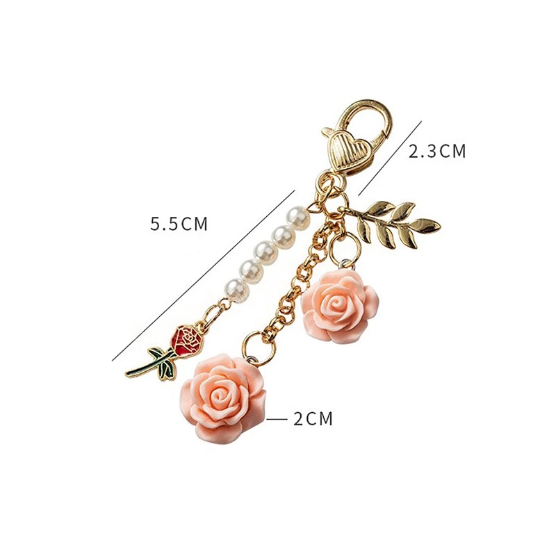 Sweet 3D Rose Flower Keychain Multicolor Flower Keyring With Pearl Tassel Metal Leaf Women Earphone Case Handbag Accessories