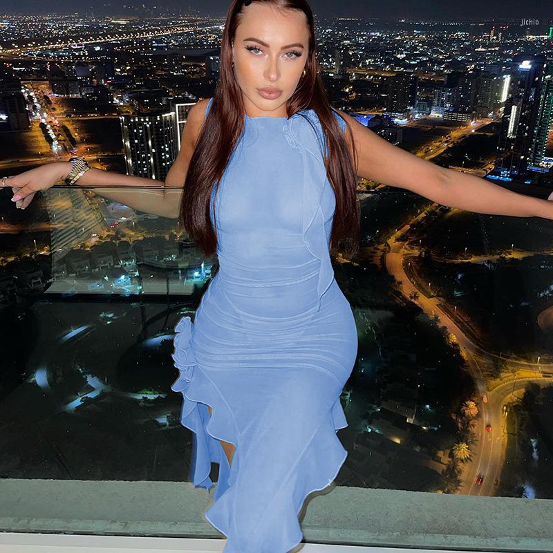 Casual Dresses Sexy Ruffles Fairy Dress Women Fashion Mesh See Through Mini Bodycon 2023 Summer Irregular Beach Party Club Outfit