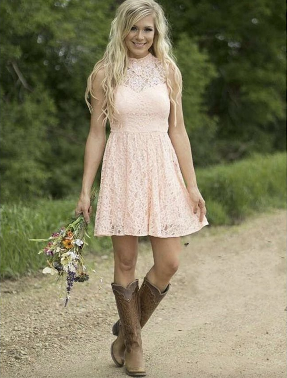 2023 Modest Country Western Full Lace Peach Short Lace Bridesmaid Dresses A Line High Neck Sleeveless Wedding Party Formal Wear