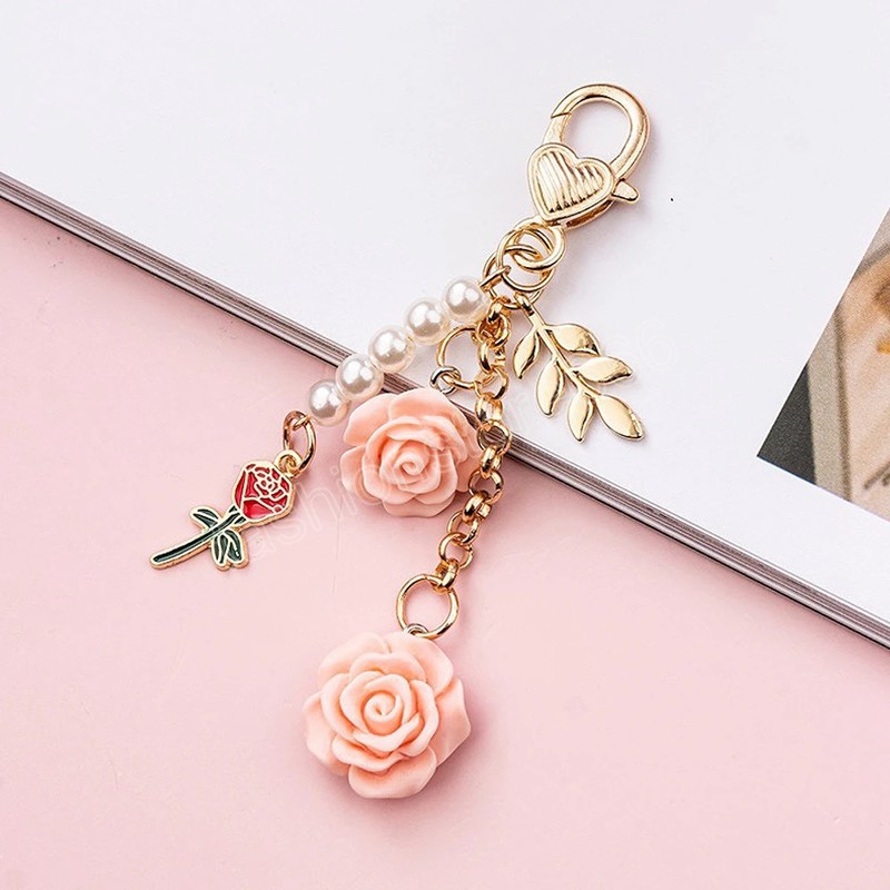 Sweet 3D Rose Flower Keychain Multicolor Flower Keyring With Pearl Tassel Metal Leaf Women Earphone Case Handbag Accessories