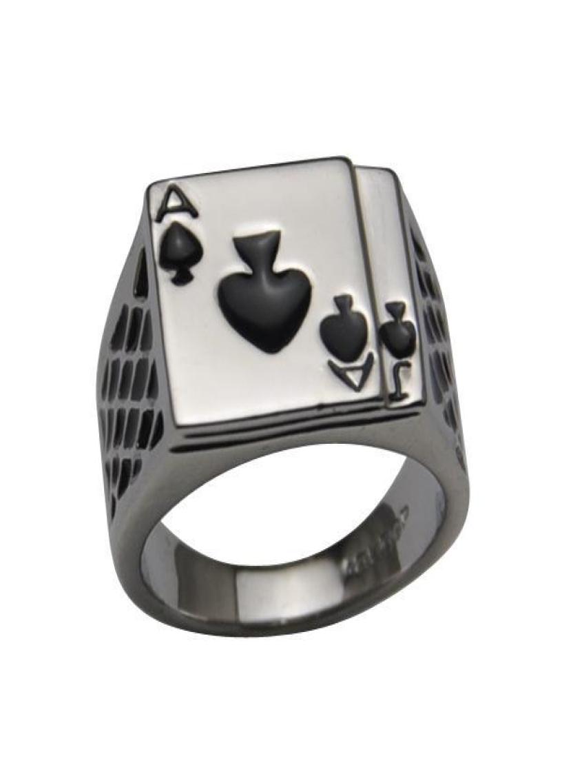 2014 Cool Men039s Jewelry Chunky 18K White Gold Plated Black Enamel Spades Poker Ring Men