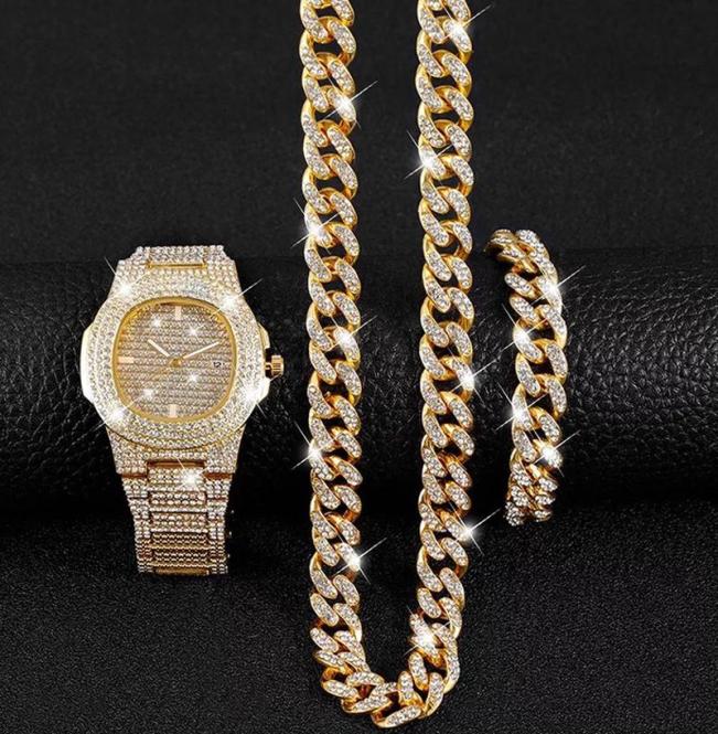 Luxury Men Watch Set Hip Hop Watches Necklace Bracelet Cuban Chain Gold Color Iced Out Paved Rhinestones Bling Jewelry Wristwatche
