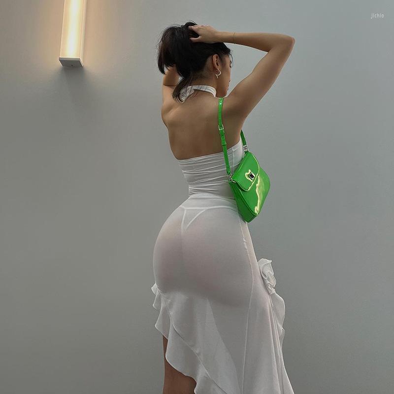 Casual Dresses Sexy Ruffles Fairy Dress Women Fashion Mesh See Through Mini Bodycon 2023 Summer Irregular Beach Party Club Outfit