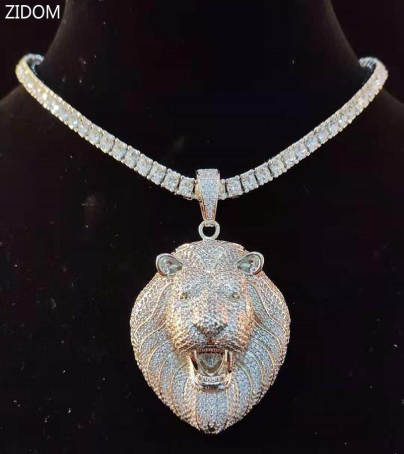 Pendant Necklaces Men Hip Hop Lion 039s Head Necklace With 4mm Zircon Tennis Chain Iced Out Bling HipHop Male Jewelry Fashion G