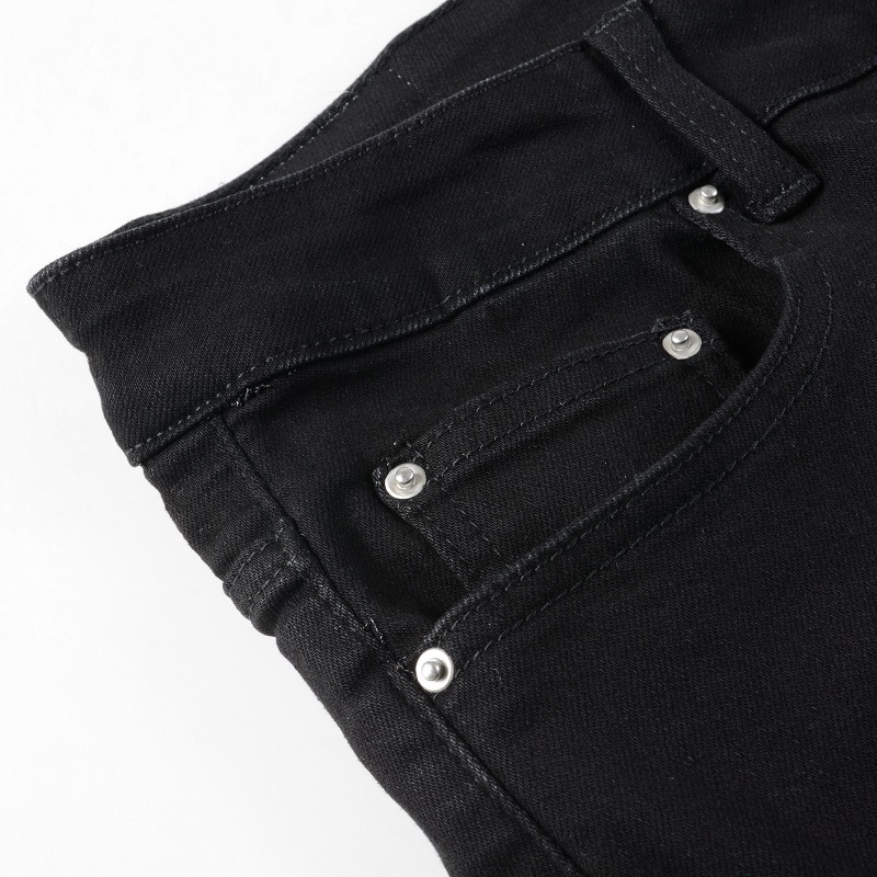 Fashion amiryes casual men straight zipper fly washed black hole patch elastic slimming jean