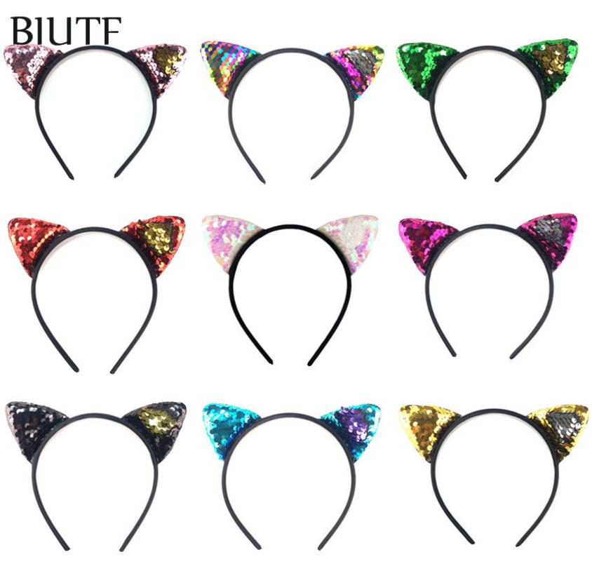 20pcslot Plastic Headband with 24039039 Reversible Sequin Embroidery Ear Cat Fashion Hairband Hair Bow Accessories HB068 C