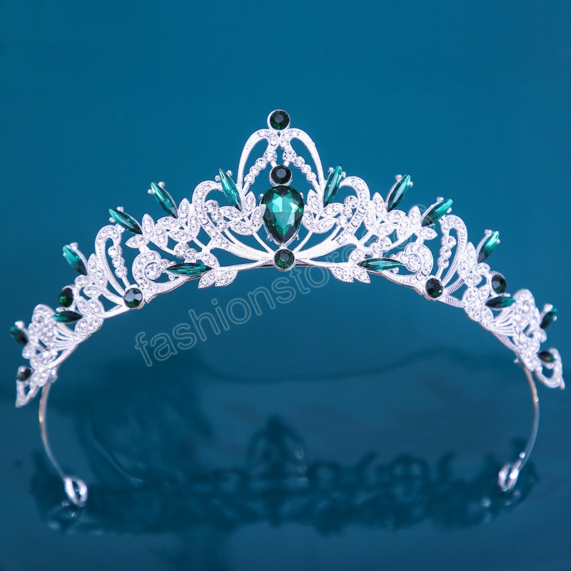 Korean Girls Silver Color Metal Green Blue Crystal Tiara Crown For Women Wedding Party Bridal Bride Rhinestone Crown