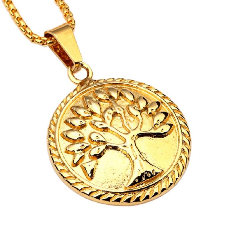 Fashion Mens Women 18k Gold Plate Pendant Necklace Round Charm Tree of Life Pendants Stainless Steel 60cm Long Chain Design Hip Ho