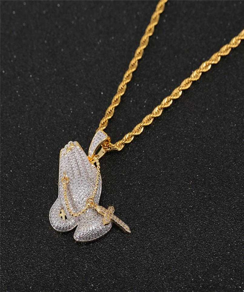 Iced Out Praying Hand Pendant Necklace With Mens/Women Gold Silver Color Hip Hop Charm Jewelry Necklace Chain For Gifts
