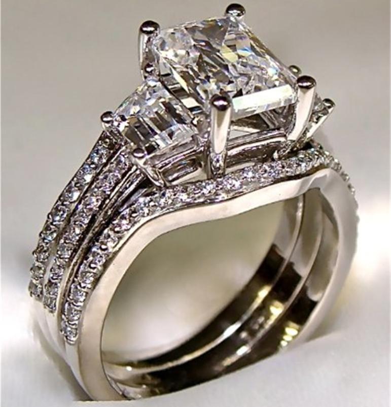Vintage 10K White Gold 3ct Lab Diamond Ring sets 925 sterling silver Bijou Engagement Wedding band Rings for Women men Jewelry 220