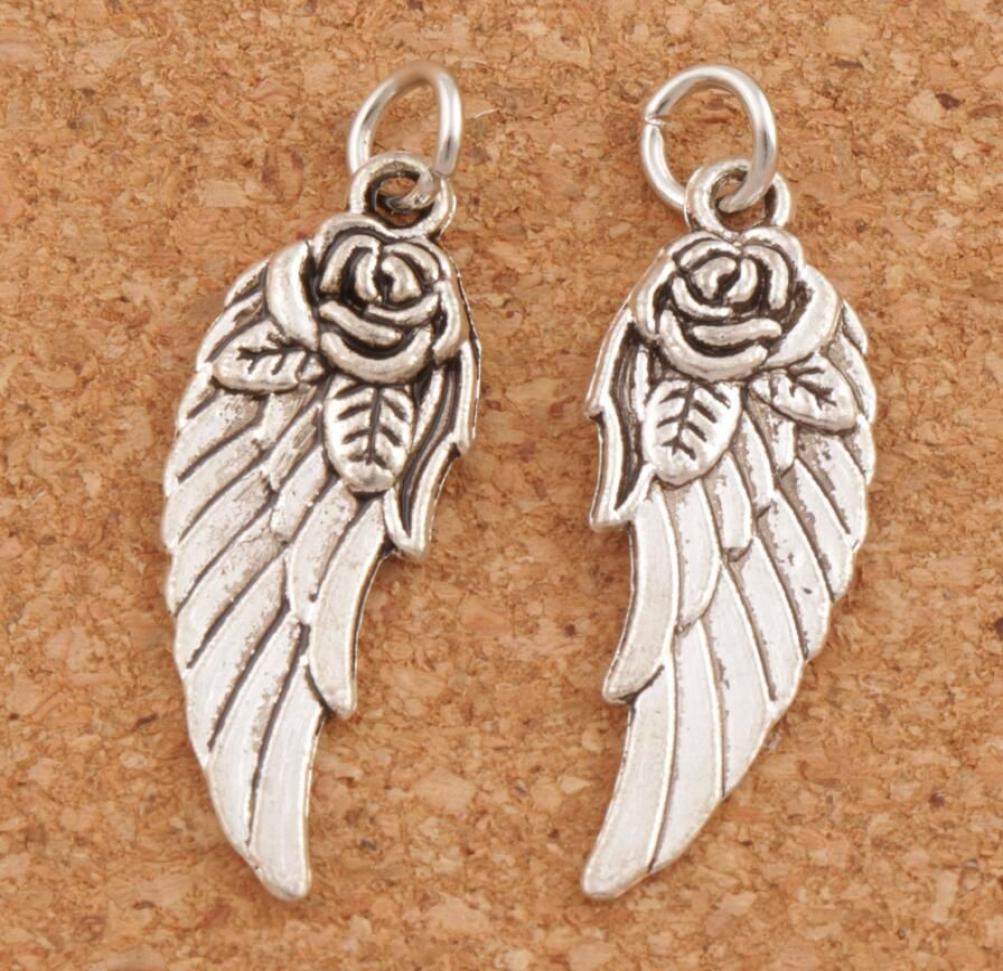 Angel Wing w Rose Spacer Charm Beads 100pcslot 303x107mm Antique Silver Pendants Handmade Jewelry DIY T1625