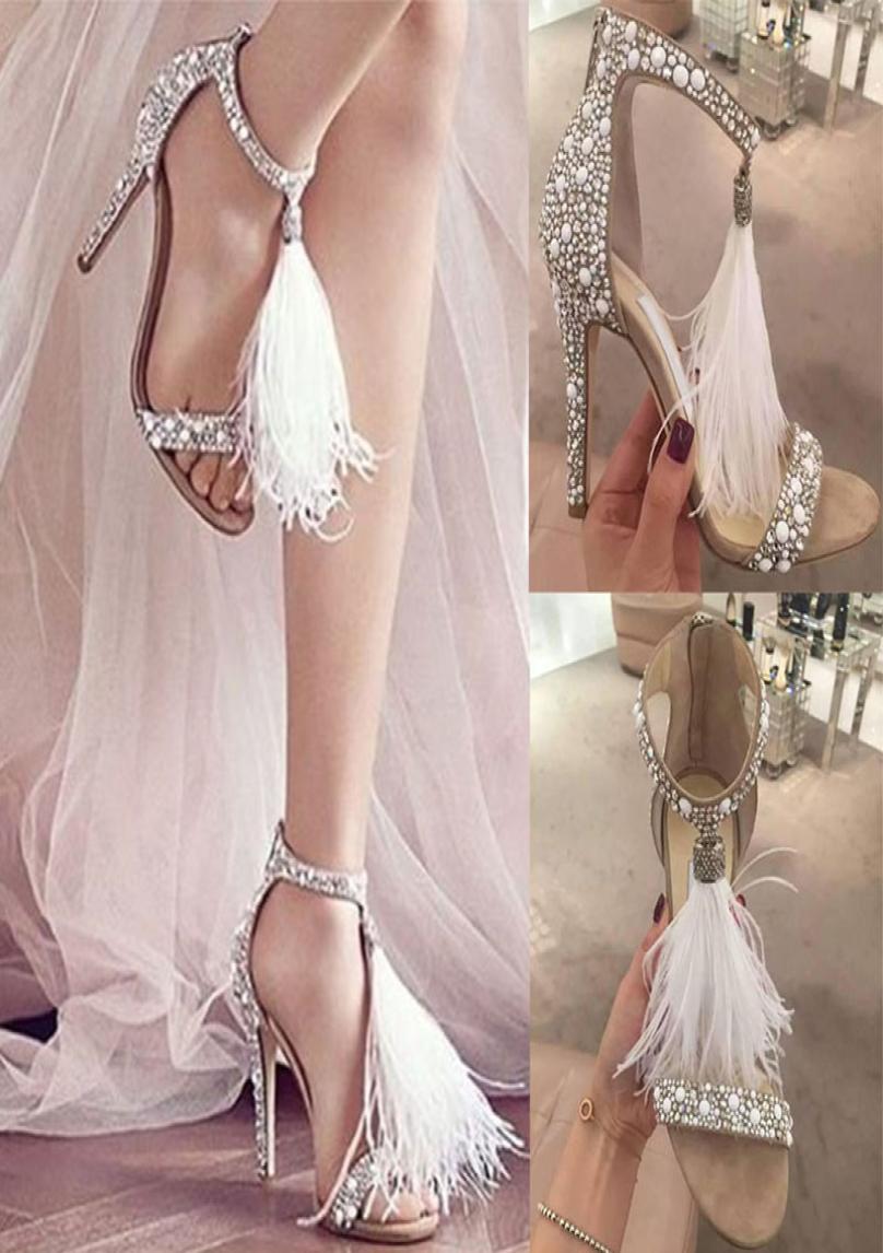 Sexy Feather Women Shoes Rhinestone Sandals High Heels Banquet Wedding Fashion Crystals Bridal Shoes With Zipper Party Stilet