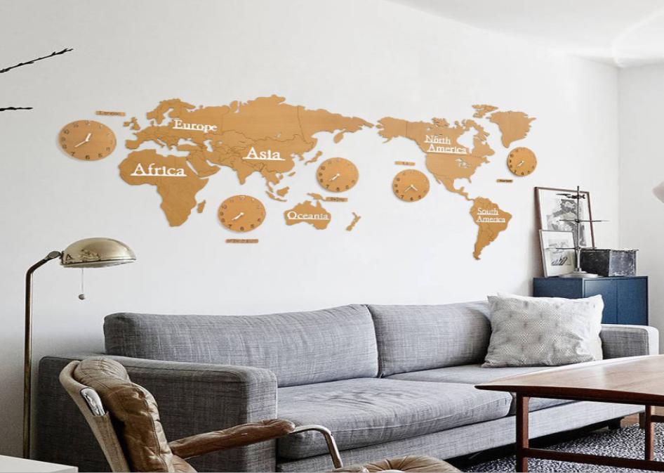 Creative Wooden World Map Wall Clock 3D Map Decorative Design Home Decor Living Room Modern European Style Round Mute Relogio De P