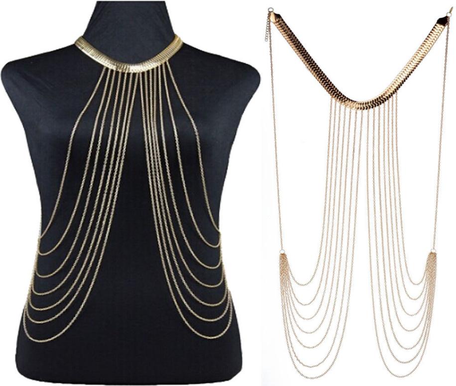 Women Body Chain Jewelry Charm Punk Gold Cold Chain Tassel Belly Waist Sexy Bikini Harness Necklace Pendant