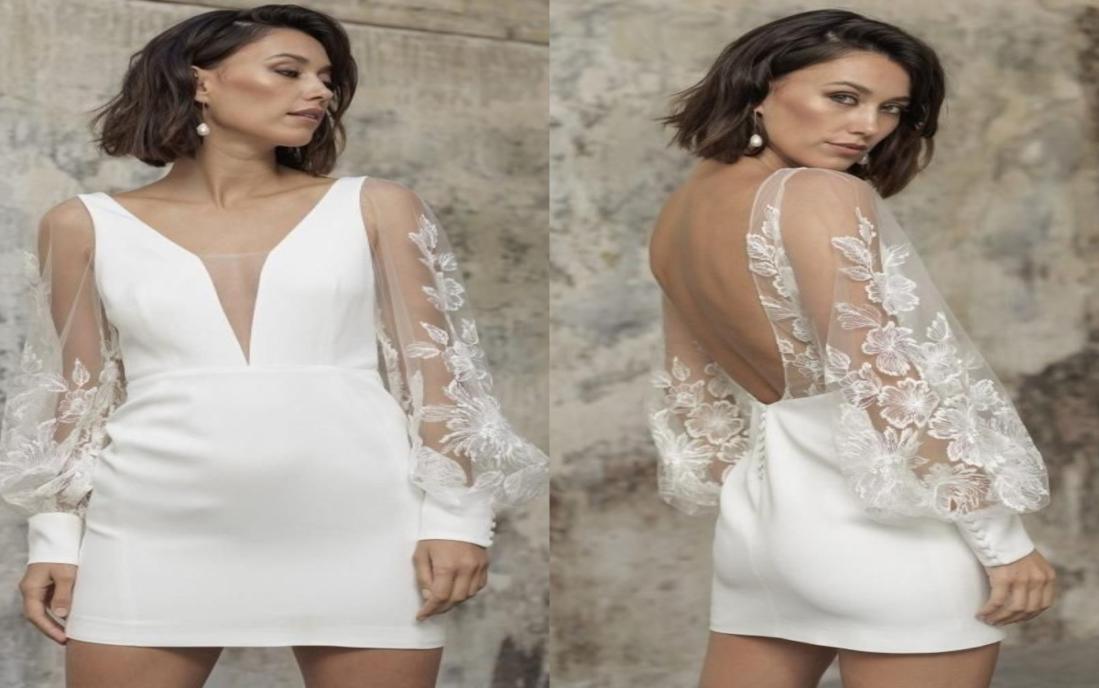 Chic Short Wedding Dresses for Bride Second Reception Gowns Lace Long Sleeved Open Back Party vestido de novia
