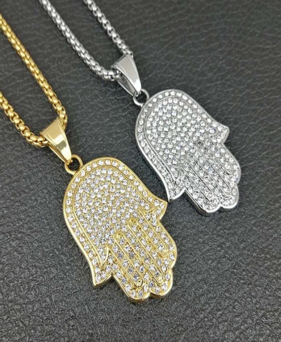 Mens lucky hamsa hand pendant necklace hip hop Rock style Full cubic zirconia 24quot rope chain silver gold plated cz men neckla