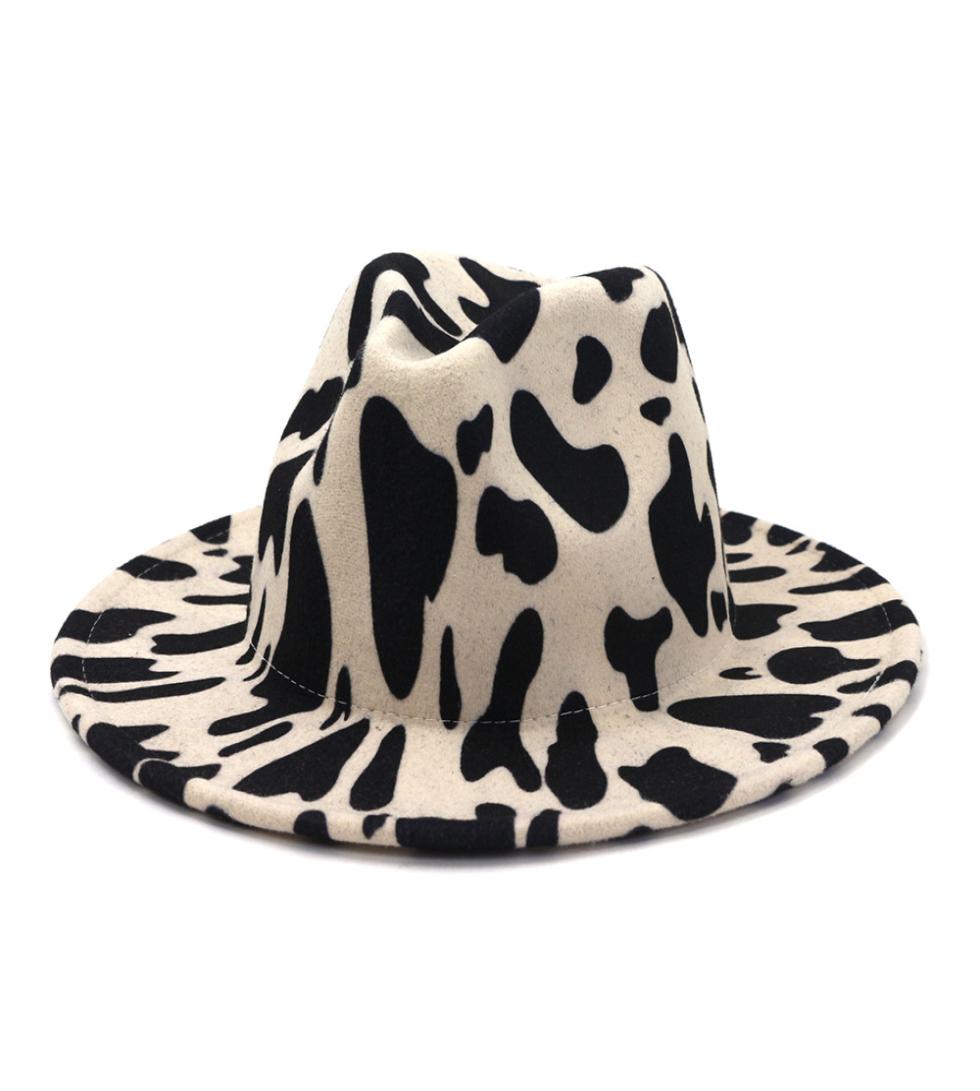 European US British Style Cow Print Jazz Felt Hat Faux Wool Fedora Hats Women Men Wide Brim Panama Party Formal Hat
