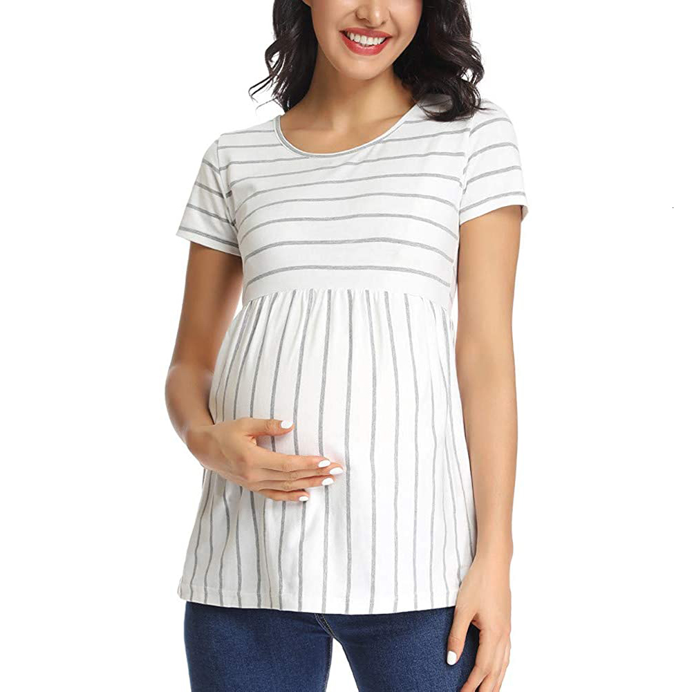Maternity Dresses Womens Maternity Tops Short Sleeve Striped Tunic Casual Pregnancy T-Shirt Maternity Clothes Comfy Flattering Summer Blouses 230404