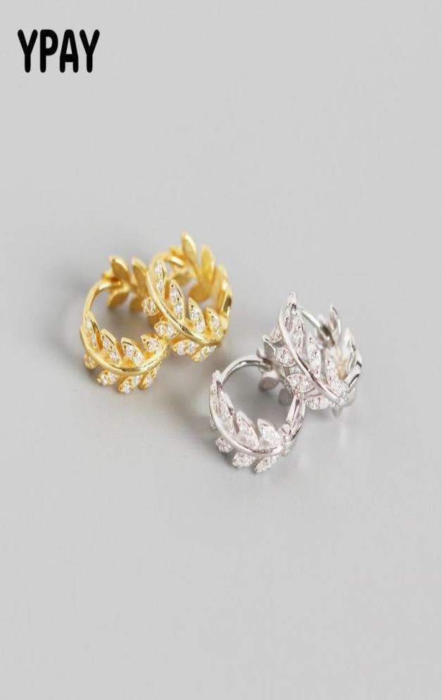 YPAY 100 Pure 925 Sterling Silver Hoop Earrings for Women Europe INS Shiny Zircon Exquisite Olive Leaf Earring Jewelry YME585