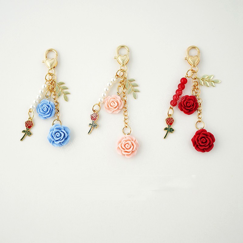 Sweet 3D Rose Flower Keychain Multicolor Flower Keyring With Pearl Tassel Metal Leaf Women Earphone Case Handbag Accessories