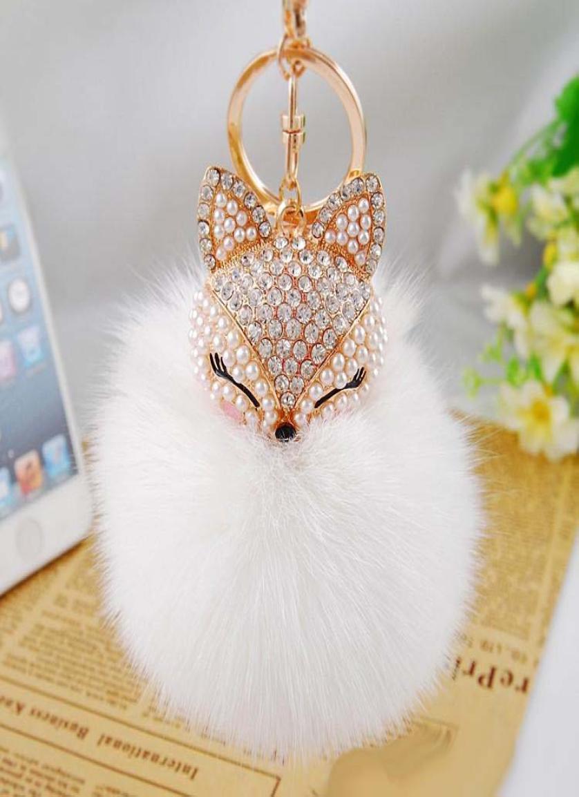18Color Cute Bling Rhinestone Keychains Fox Real Rabbit Fur Ball y Keychain Car Key Chain Ring Pendant For Bag Charm