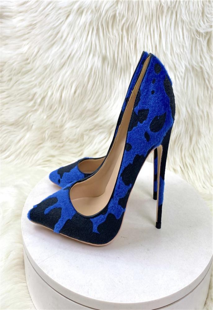 New Luxury Women Shoes Fashion Blue Cow Woman Hairy Flock Pointed Toes High Heel Shoe Comfortable Elegant Ladies Formal Dress