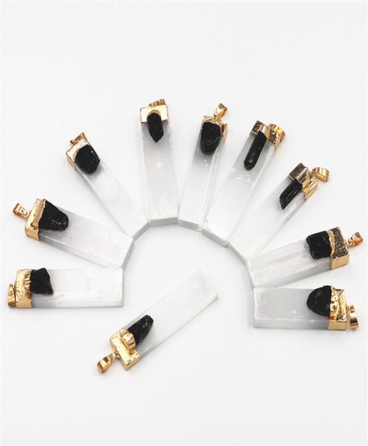 Pendant Necklaces Natural Selenite Plaster Black Tourmaline Pendants Rock Mineral Specimen Jewelry Reiki Healing Energy Charms DIY