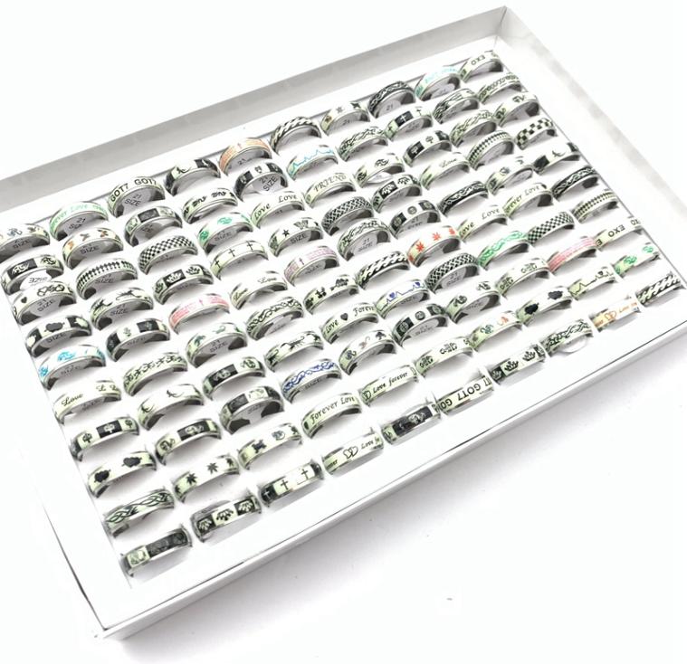 Whole 100pcsLot Band Rings Stainless Steel Luminous Fashion Jewelry For Men Women Sticker Glow in the Dark Party Gift Mix Pat