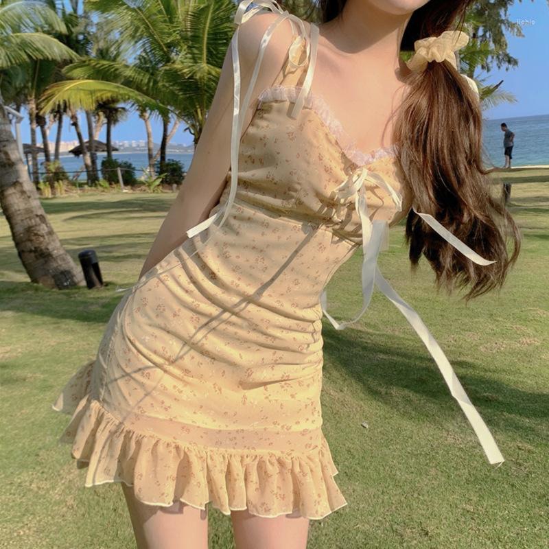 Casual Dresses 2023 Fashion Bandage Women Yellow Dress Summer Cute Mini Cottagecore Aesthetic Elegant Sexy Fairy Beach Sundress Y2k