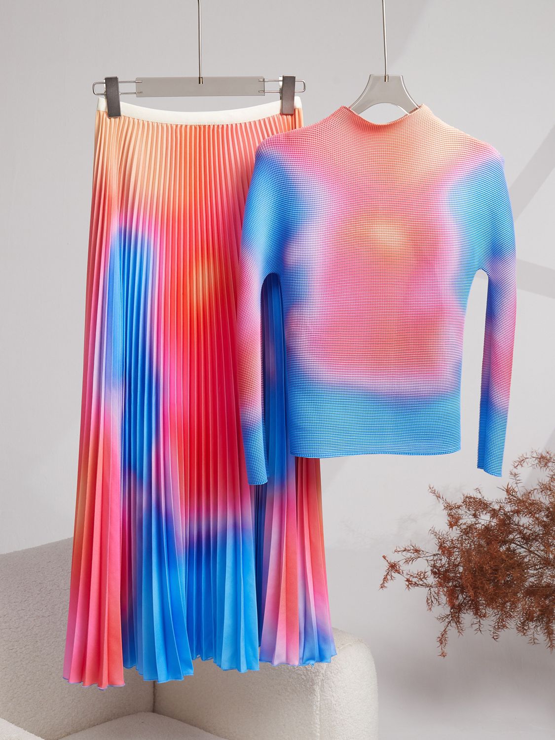 Two Piece Dress Runway Fashion Long Sleeve T-shirt Pleat Skirt Suit Women Casual Two Piece Set Elegant Elastic Pleated Long Skirt Outfits Office Lady 