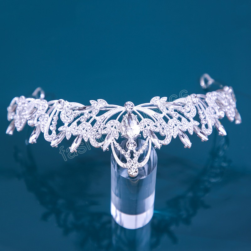 Korean Girls Silver Color Metal Green Blue Crystal Tiara Crown For Women Wedding Party Bridal Bride Rhinestone Crown