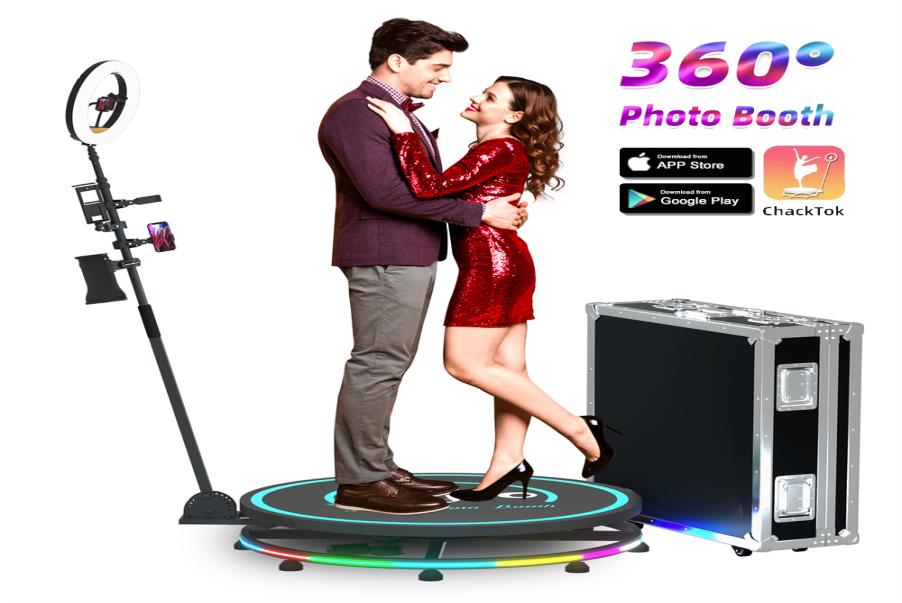 360 Po Booth Rotating Machine for Events Parties Automatic Spin Selfie Platform Display Stand with custom made logo