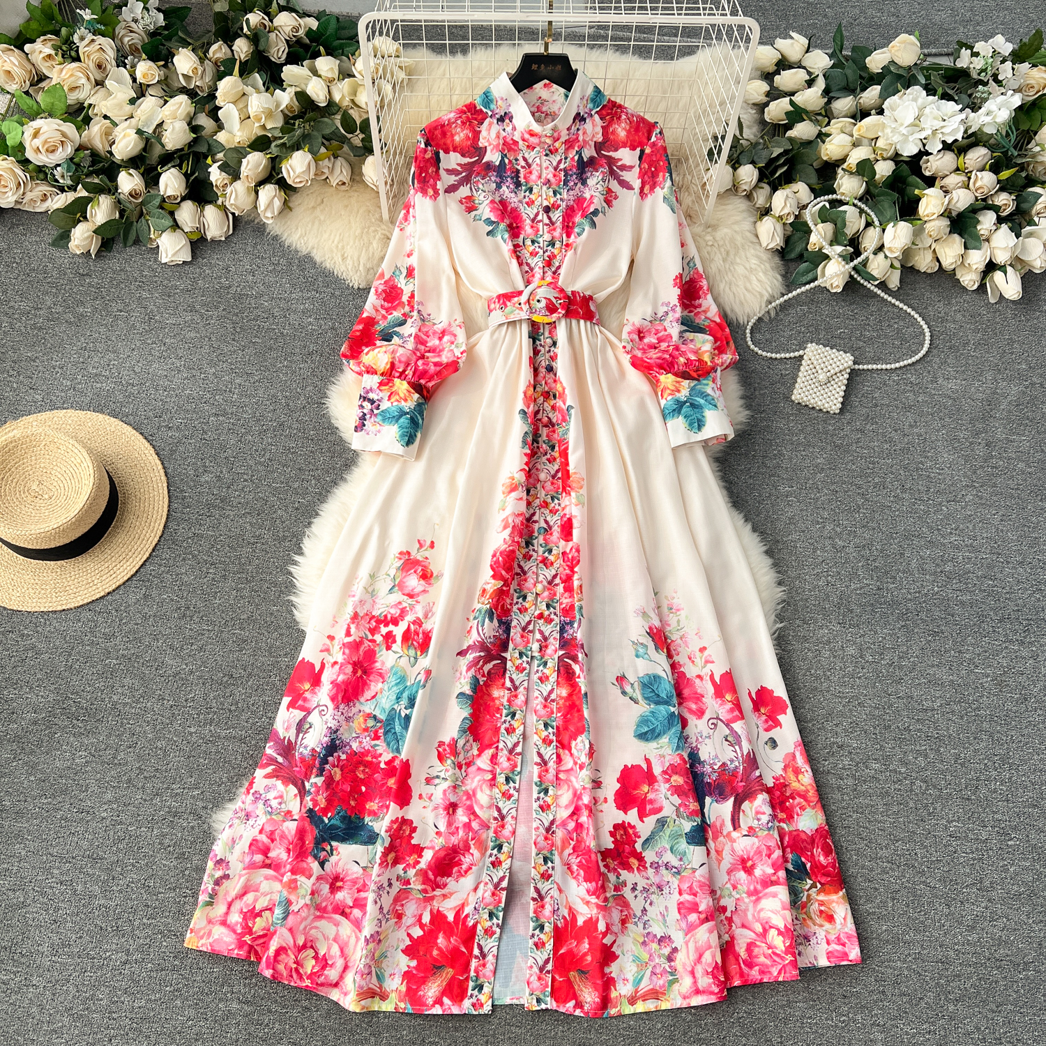 Basic Casual Women Dresses 2024 Fashion Holiday Gorgeous Flower Maxi Dress Women's Stand Long Lantern Sleeve Linen Floral Print Sashes Boho Robe Vestidos