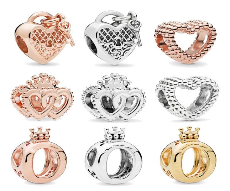 Fits Bracelets 30pcs Rose Gold Crown Hollow Heart Key Silver Charm Bead Fit Charms Bracelet Beads 925 Sterling Silver Jewelry Making