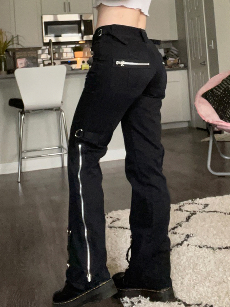 Women's Jeans SUCHCUTE Punk Rivets Zipper Black Straight Jeans Gothic Low Waist Women Denim Trousers Aesthetic Streetwear Dark Academia Pants 230