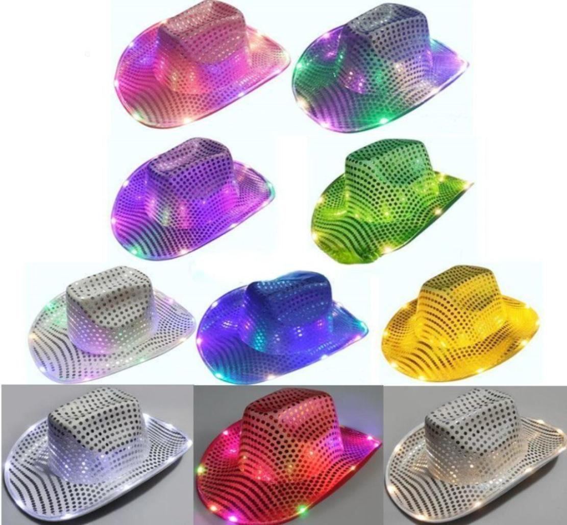 Party Hats Space Cowgirl LED Hat Flashing Light Up Sequin Cowboy Hats Luminous Caps Halloween Costume WLY935