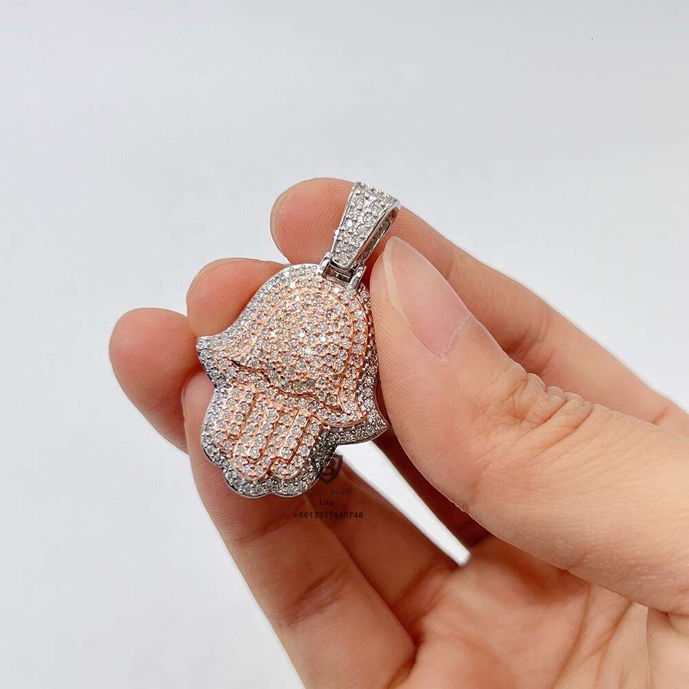 Fashion sticking out white and rose gold vvs d moissanite dia hamsa custom hiphop jewelry pendant