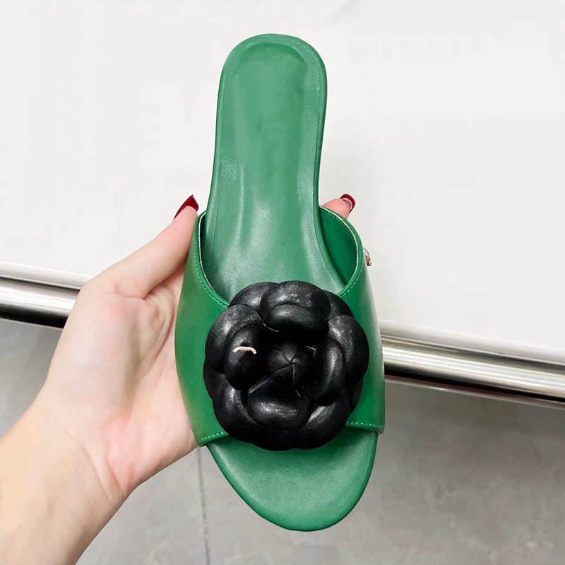 sandals famous designer women slipper sliders foam runners Genuine Leathe summer shoes ladies slippers black green with box, 6#